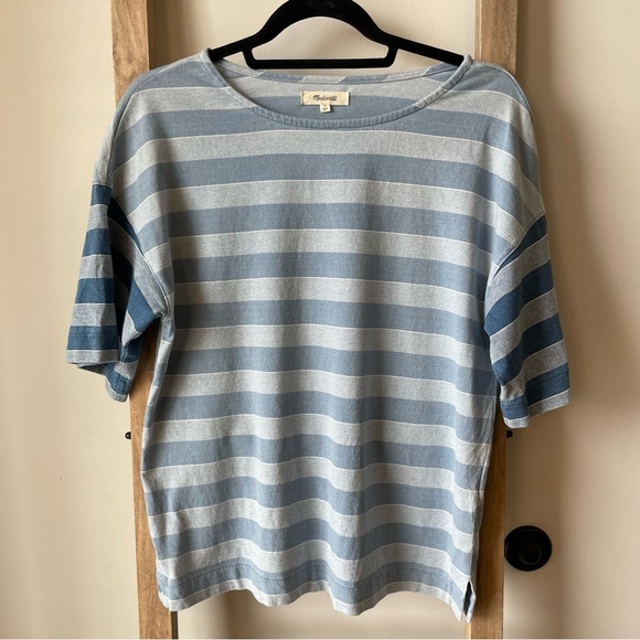 MADEWELL Indigo Stripe-Block t-shirt in light blue Size Small - Picture 6 of 11